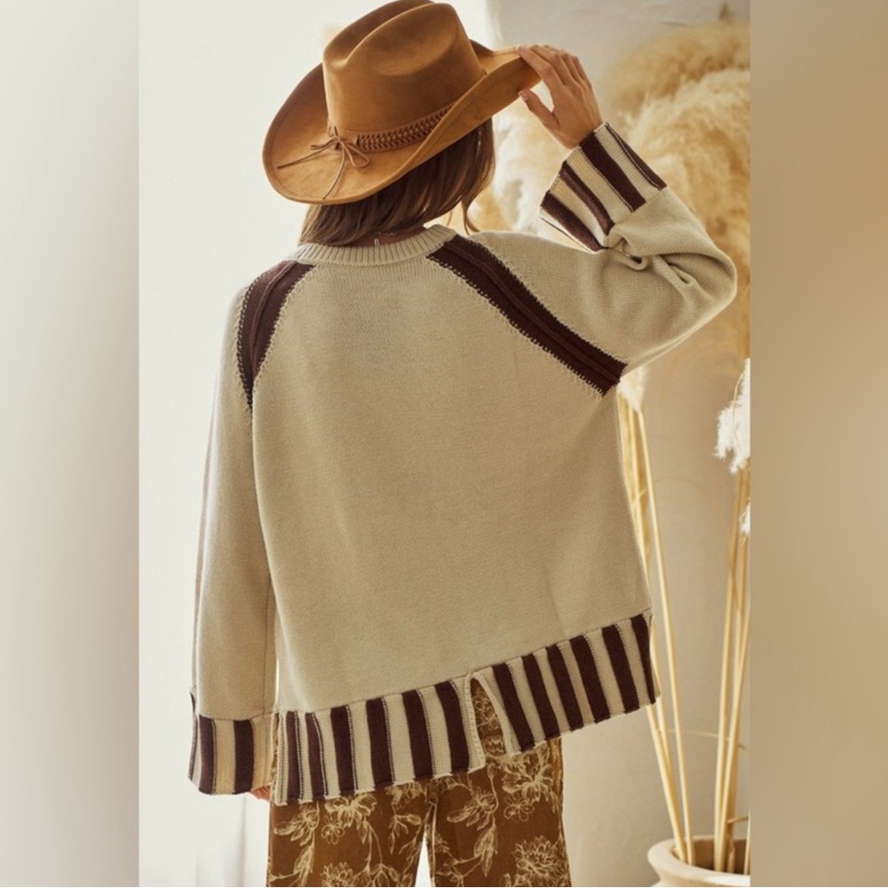 Cream & Brown Striped Relaxed Fit Knit Sweater Western Boho Cozy Knit - Picture 5 of 6